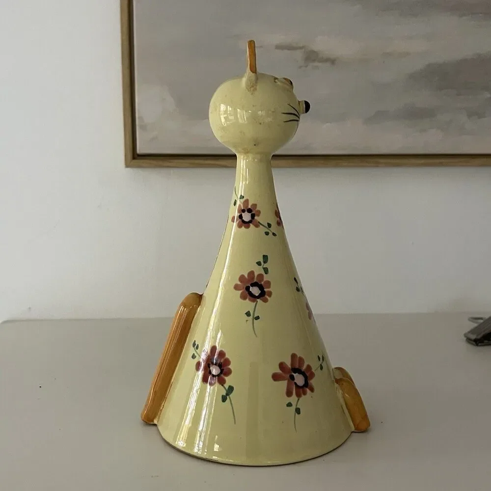 Vintage Italian Pottery Long Neck Cat Bank Signed Italy Hand Painted Floral